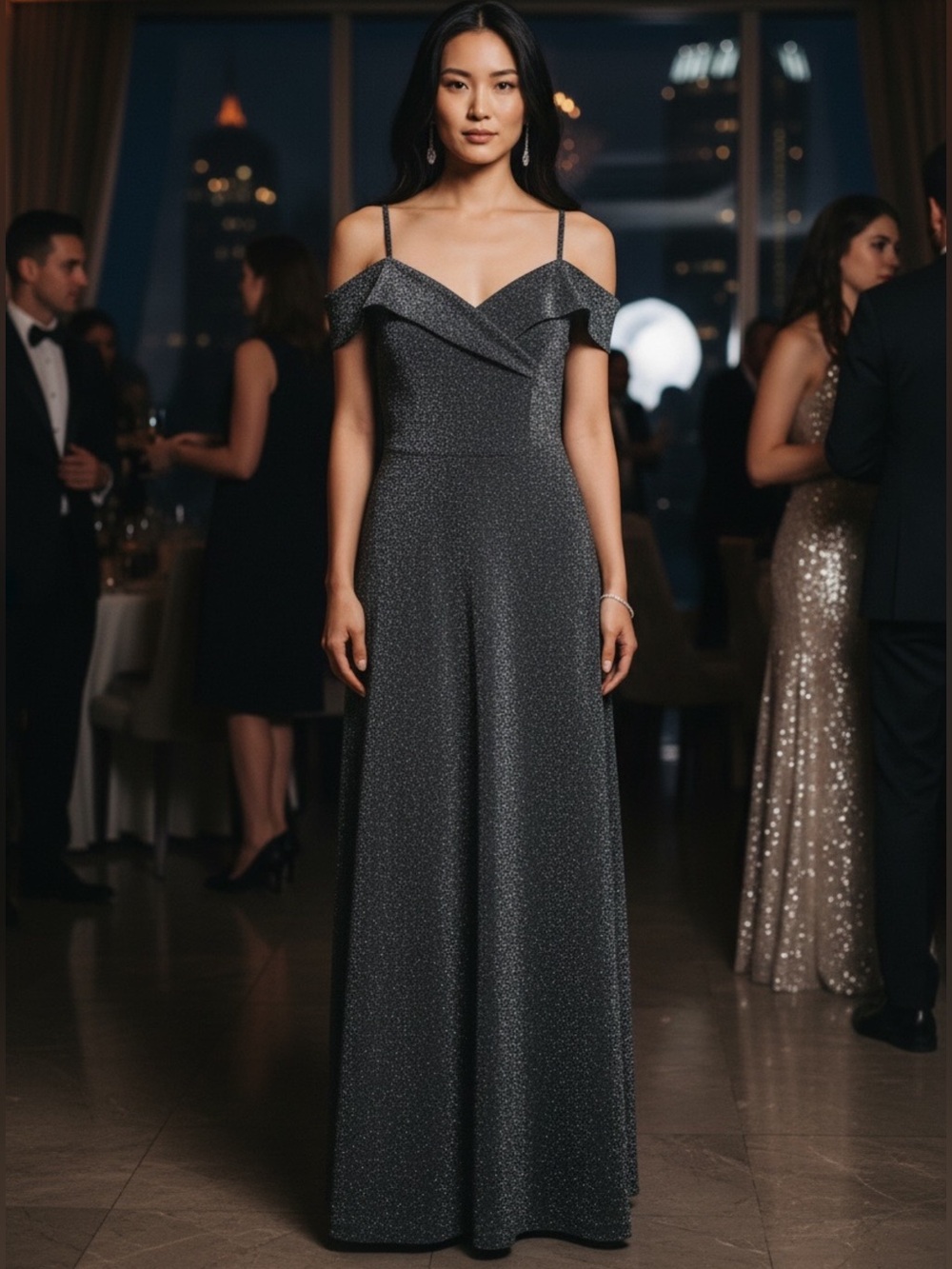 Candalite Silver Sparkle Black Off-Shoulder Evening Gown NWT